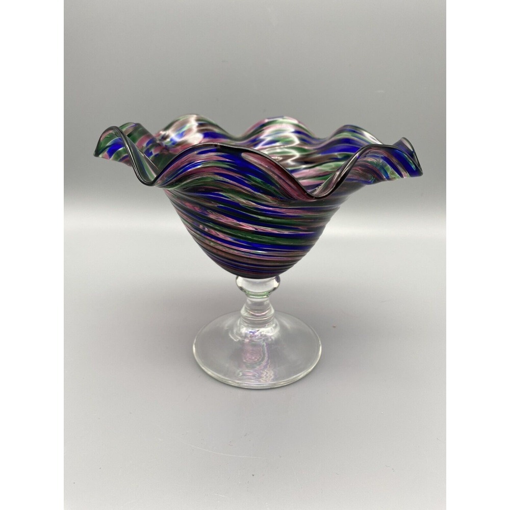 Hand Blown Fluted‎ And Stemmed Art Glass Bowl Multi Colored Swirl